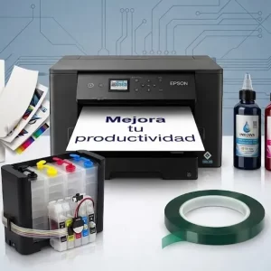 Kit de sublimación A3 con Epson WorkForce WF-7310DTW, sistema CISS 405XL, papel, cinta térmica y herramientas de llenado. Listo para producir.